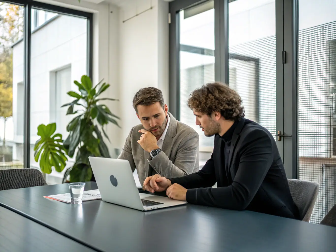 A professional photograph of a consultant working with a client in a modern office setting, representing a service-based business.